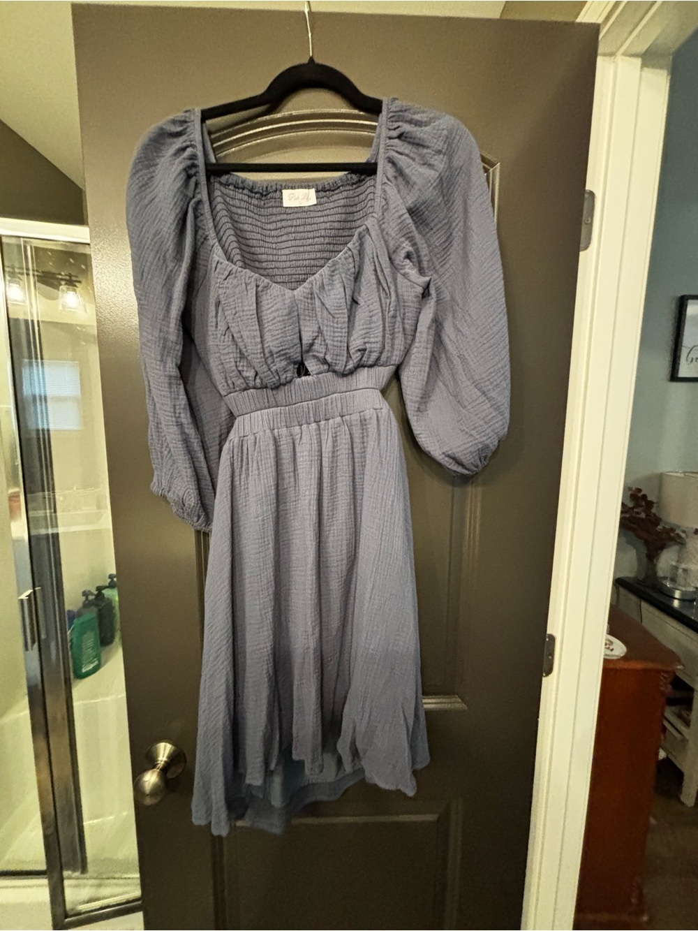 Pink Lily Dusty Blue Long-Sleeve Smocked Midi Dress